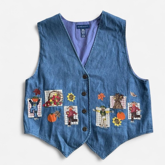 Vintage Karen Scott Embroidered Denim Fall Scarecrow Leaves Pumpkin Vest - Picture 1 of 8